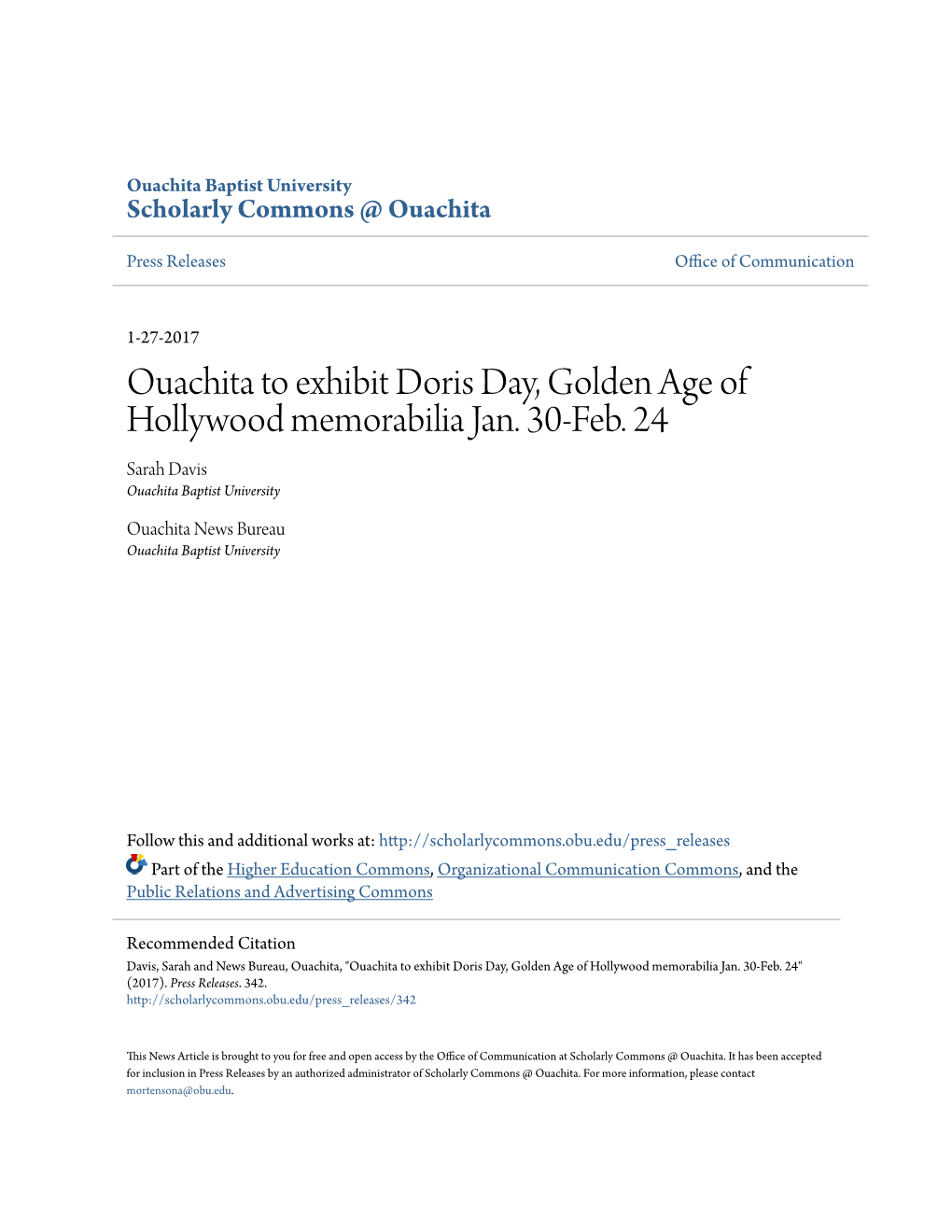 Ouachita to Exhibit Doris Day, Golden Age of Hollywood Memorabilia Jan