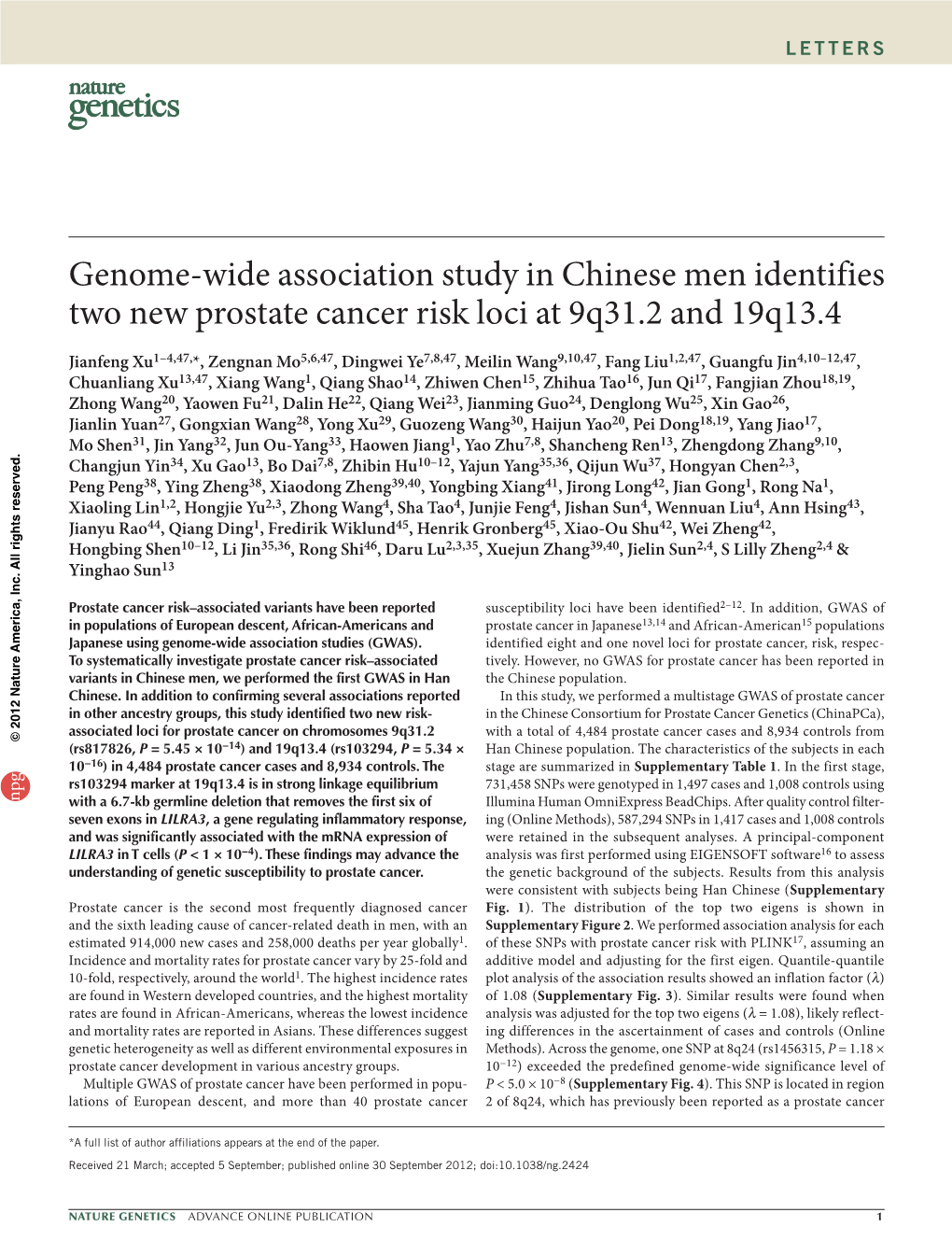 Genome-Wide Association Study in Chinese Men Identifies Two New Prostate Cancer Risk Loci at 9Q31.2 and 19Q13.4