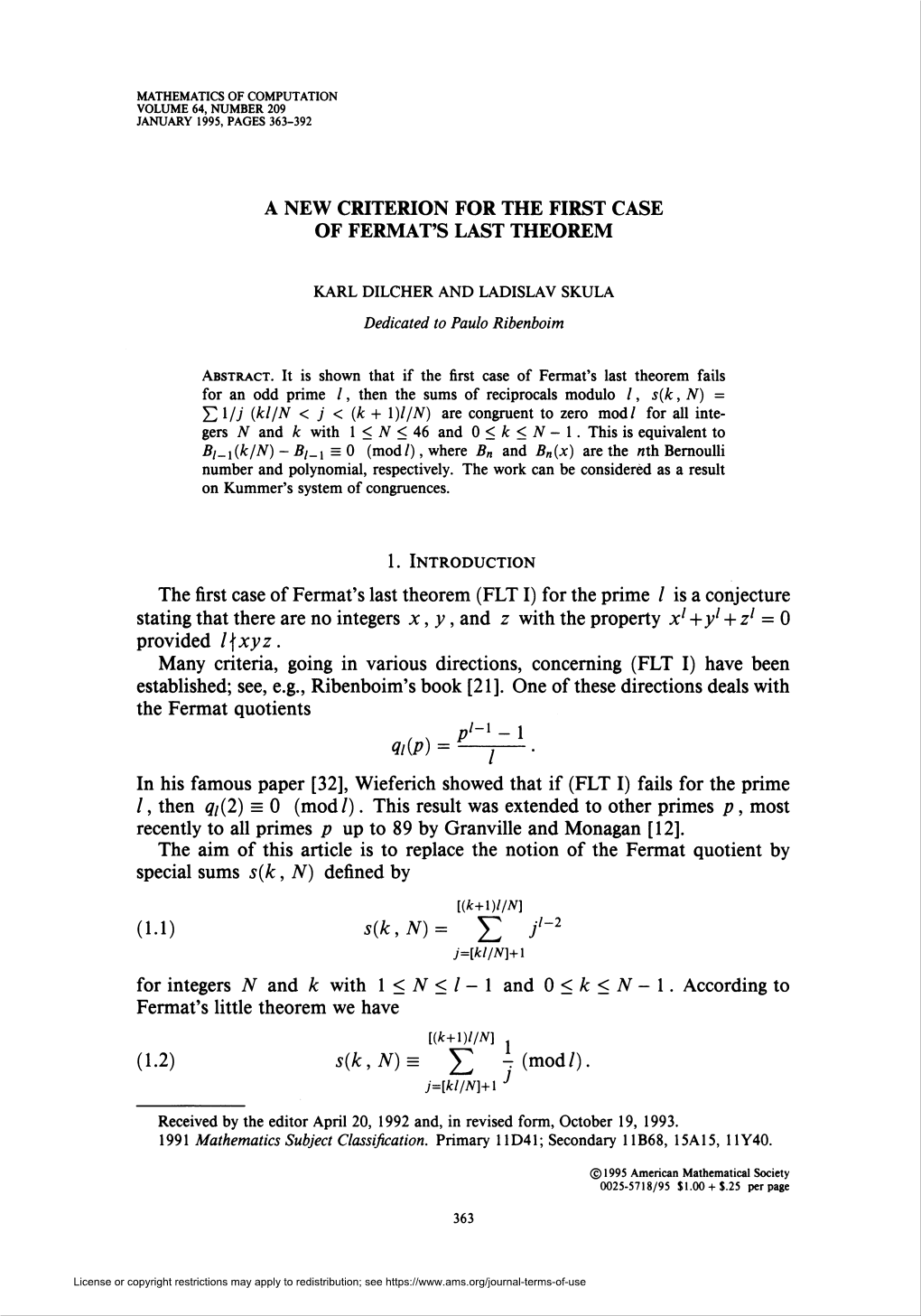 (1.2) S(K,N)= Y -(Mod/). J=[Kl/N]+L J