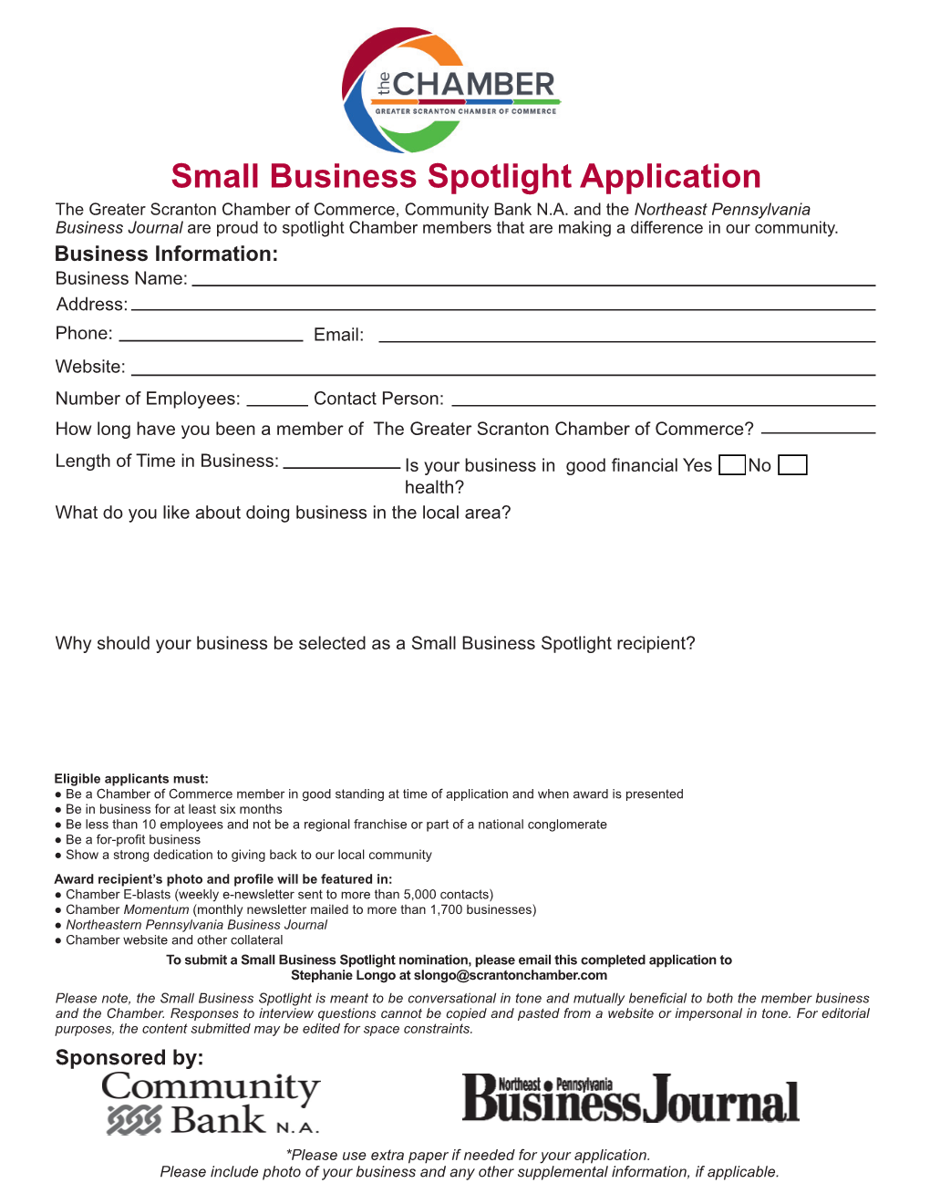 Small Business Spotlight Application the Greater Scranton Chamber of Commerce, Community Bank N.A