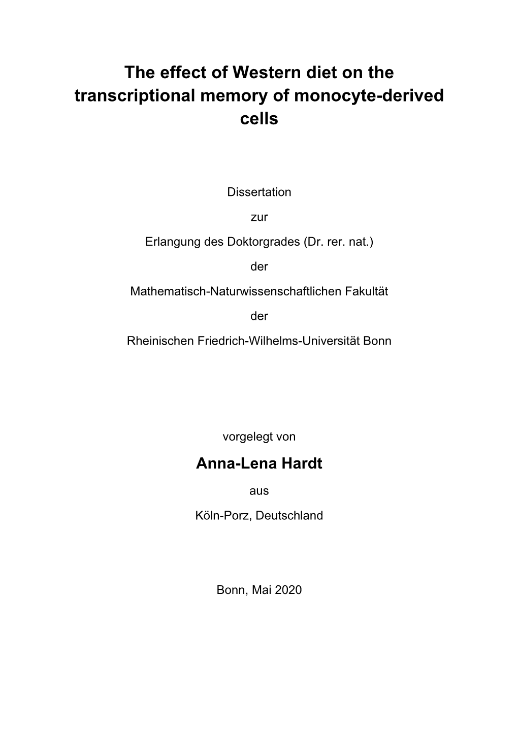 The Effect of Western Diet on the Transcriptional Memory of Monocyte-Derived Cells