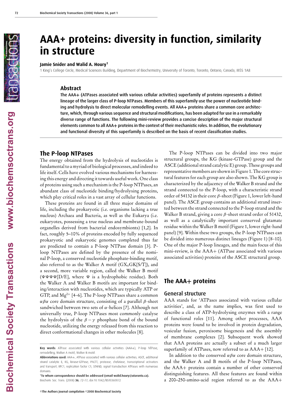 AAA+ Proteins: Diversity in Function, Similarity in Structure