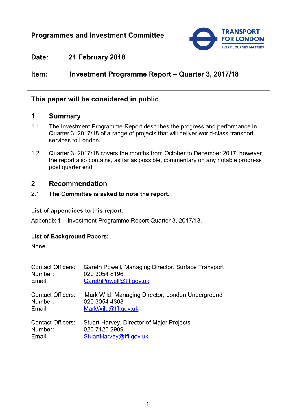 Investment Programme Report – Quarter 3, 2017/18