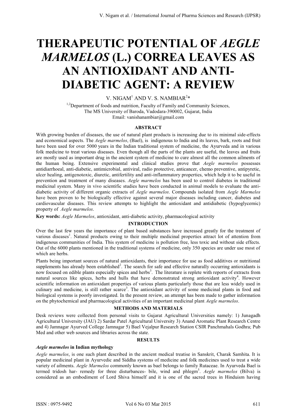 (L.) Correa Leaves As an Antioxidant and Anti- Diabetic Agent: a Review V