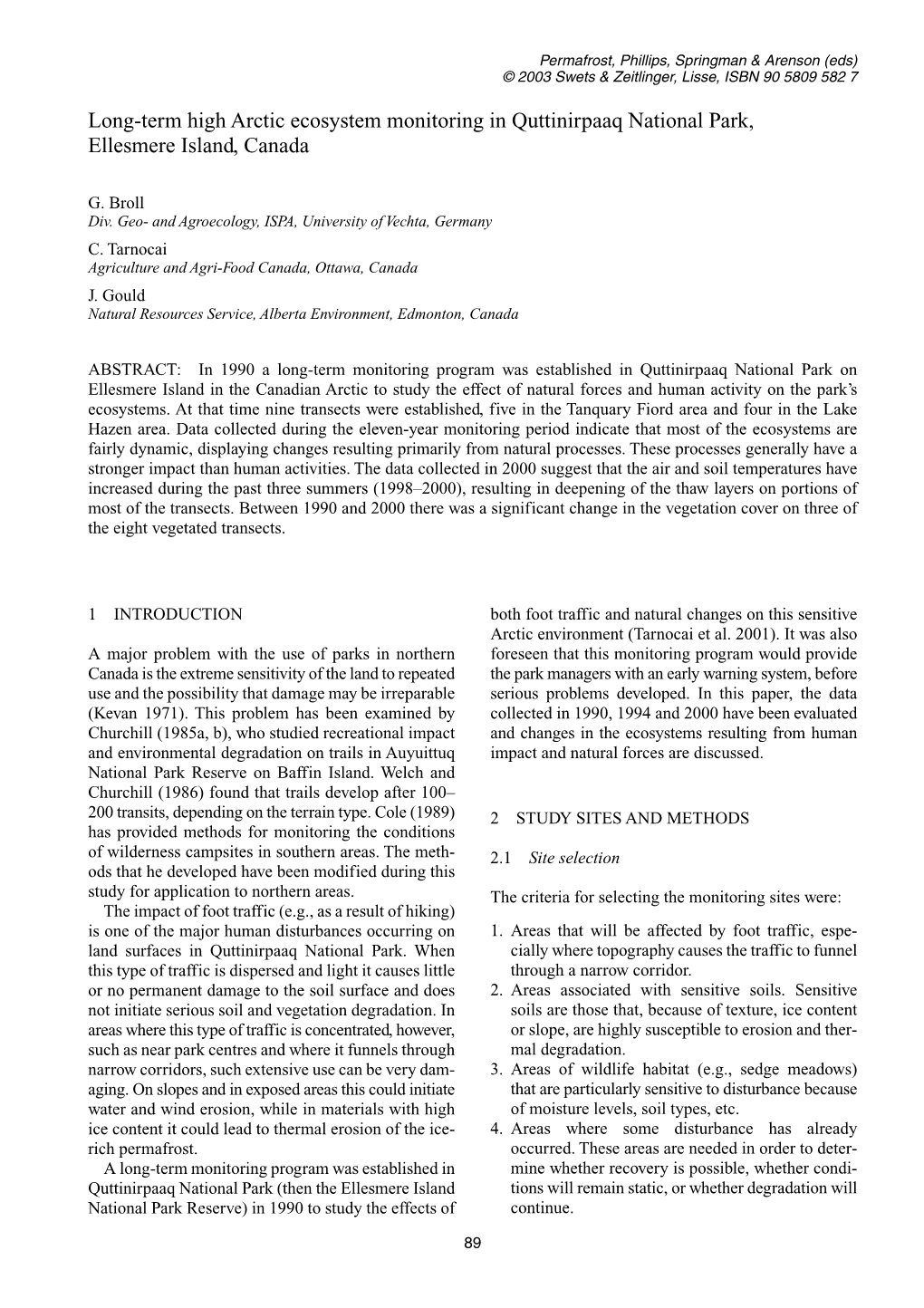 Long-Term High Arctic Ecosystem Monitoring in Quttinirpaaq National Park, Ellesmere Island, Canada