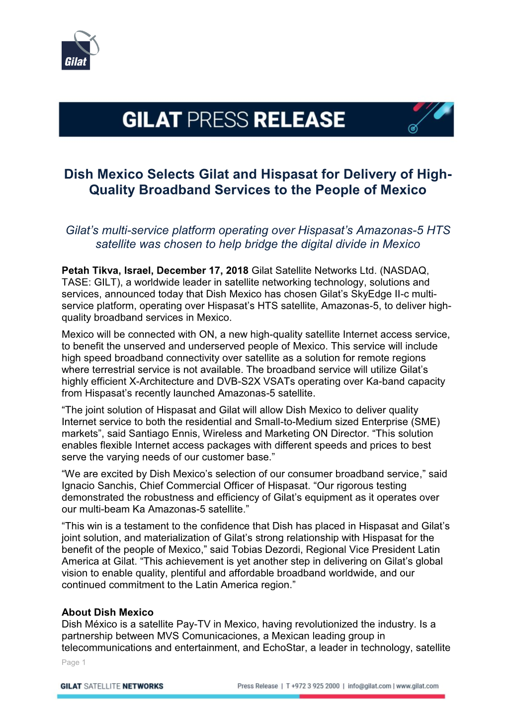 Dish Mexico Selects Gilat and Hispasat for Delivery of High- Quality Broadband Services to the People of Mexico