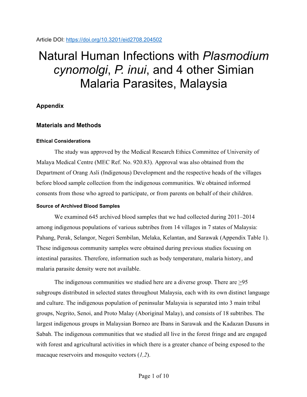 Natural Human Infections with Plasmodium Cynomolgi, P