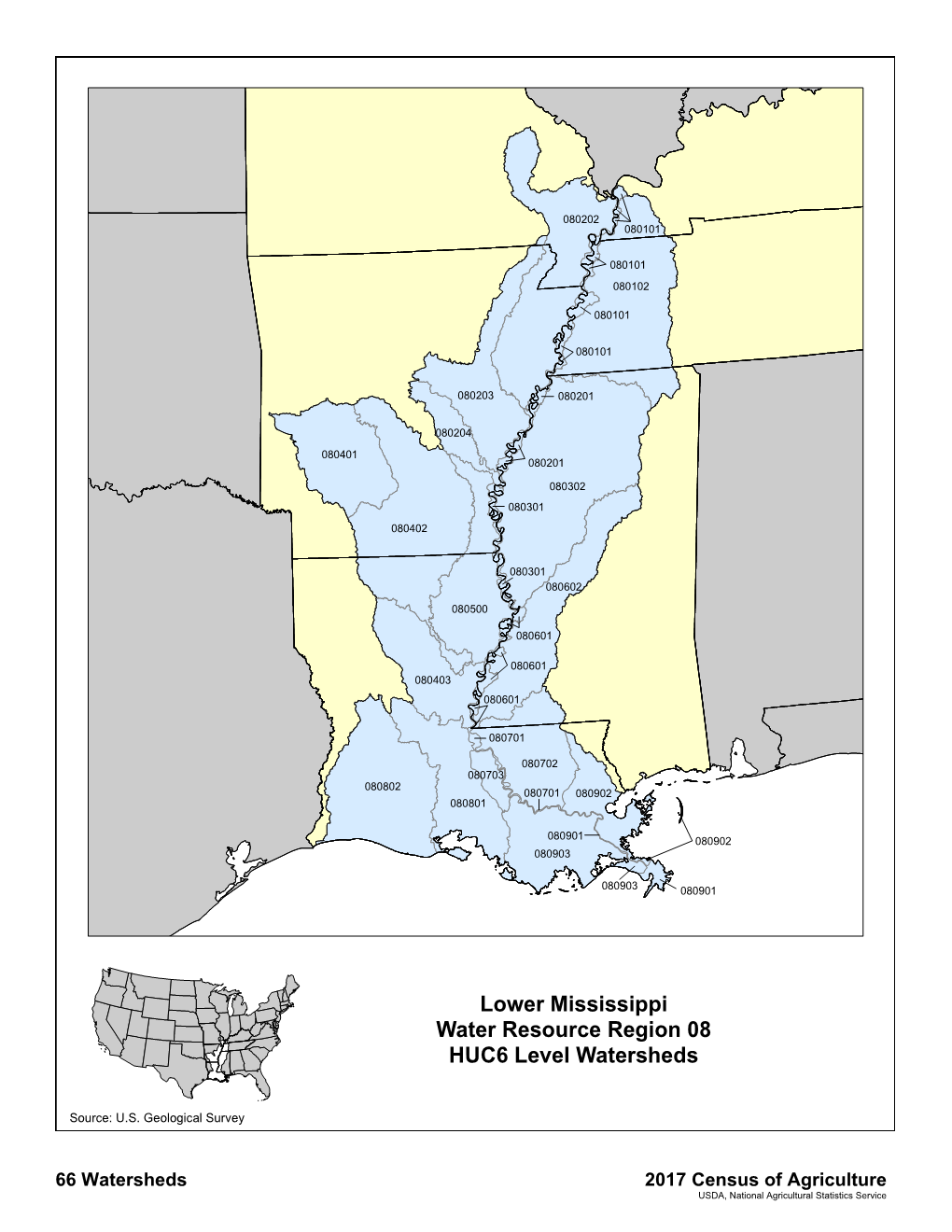 Lower Mississippi Water Resource Region 08 HUC6 Level Watersheds