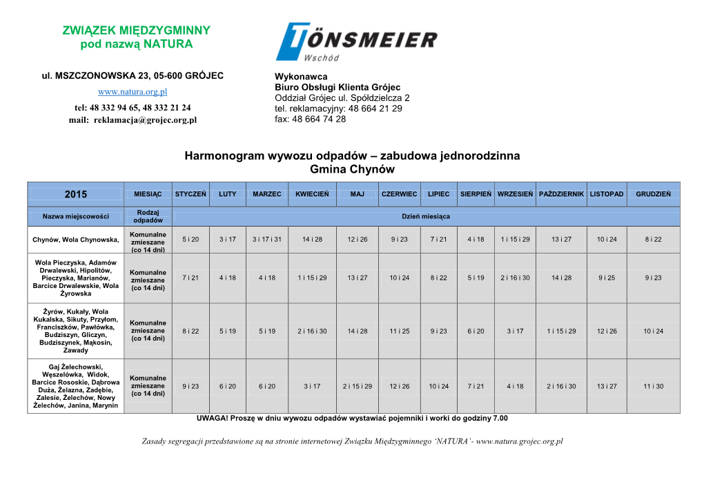 ZWIĄZEK MIĘDZYGMINNY Pod Nazwą NATURA Harmonogram Wywozu Odpadów – Zabudowa Jednorodzinna Gmina Chynów