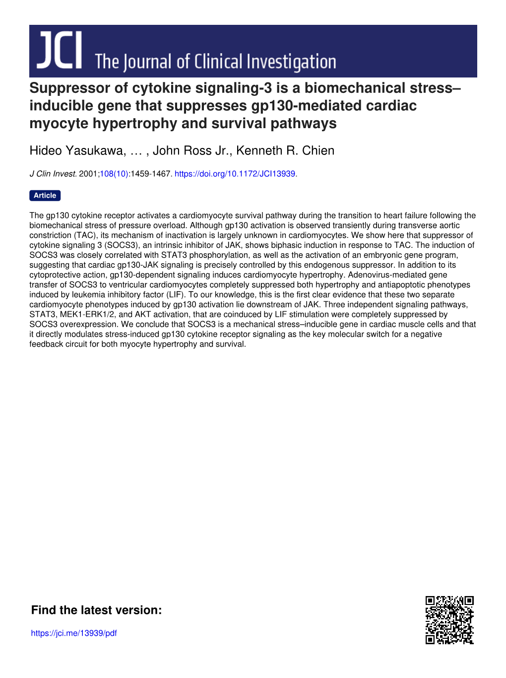 Inducible Gene That Suppresses Gp130-Mediated Cardiac Myocyte Hypertrophy and Survival Pathways