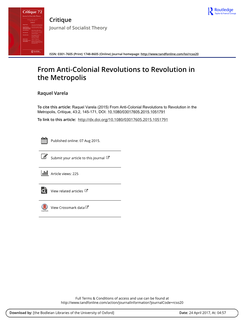 From Anti-Colonial Revolutions to Revolution in the Metropolis