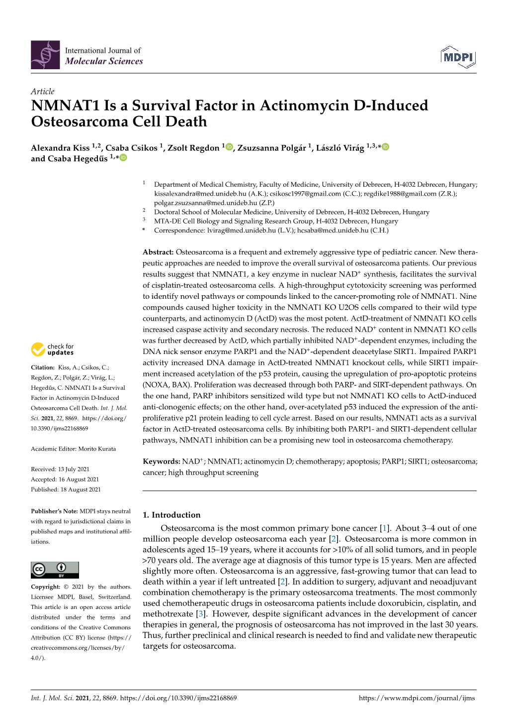 NMNAT1 Is a Survival Factor in Actinomycin D-Induced Osteosarcoma Cell Death