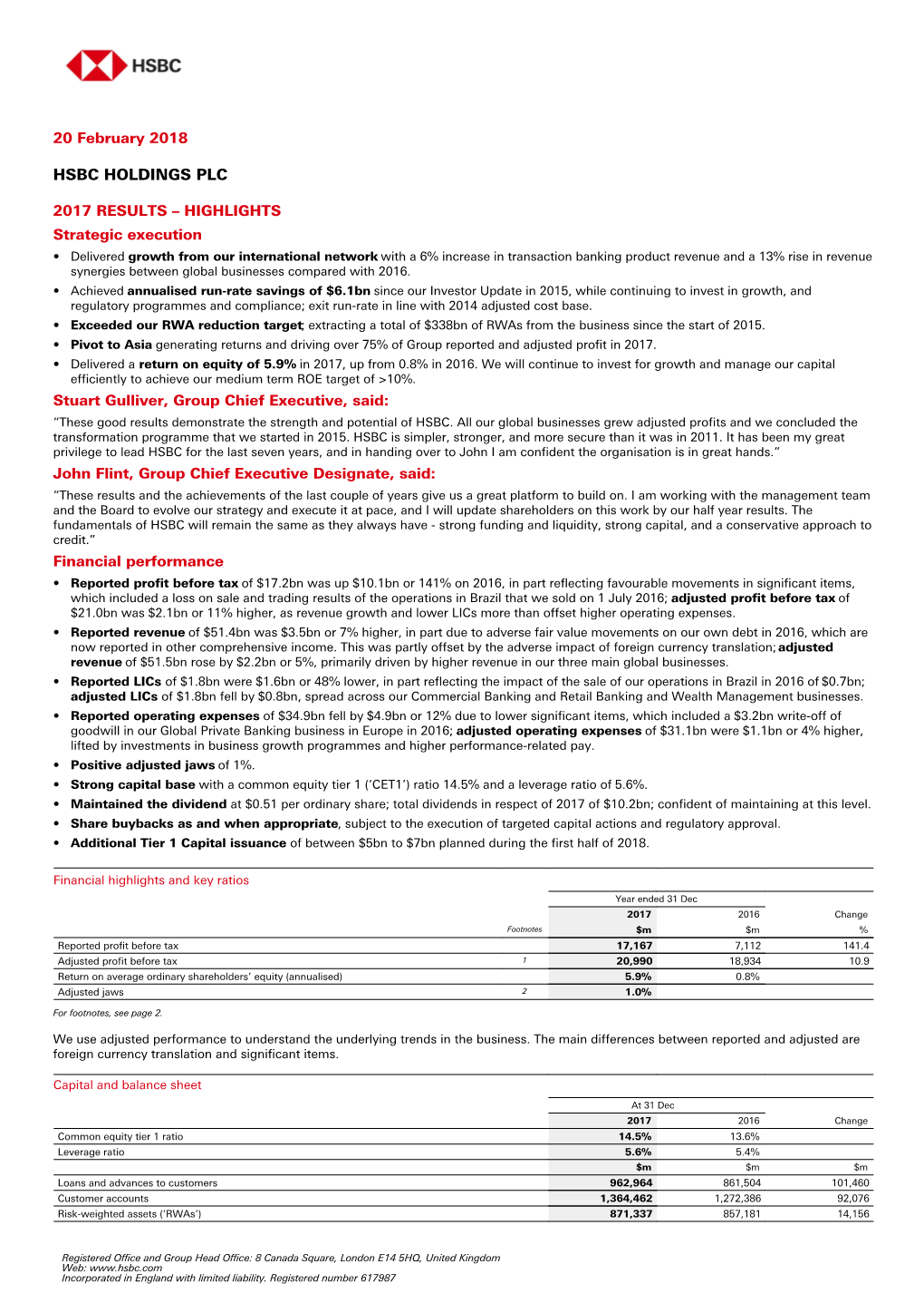 HSBC Holdings Plc Annual Results 2017 Media Release