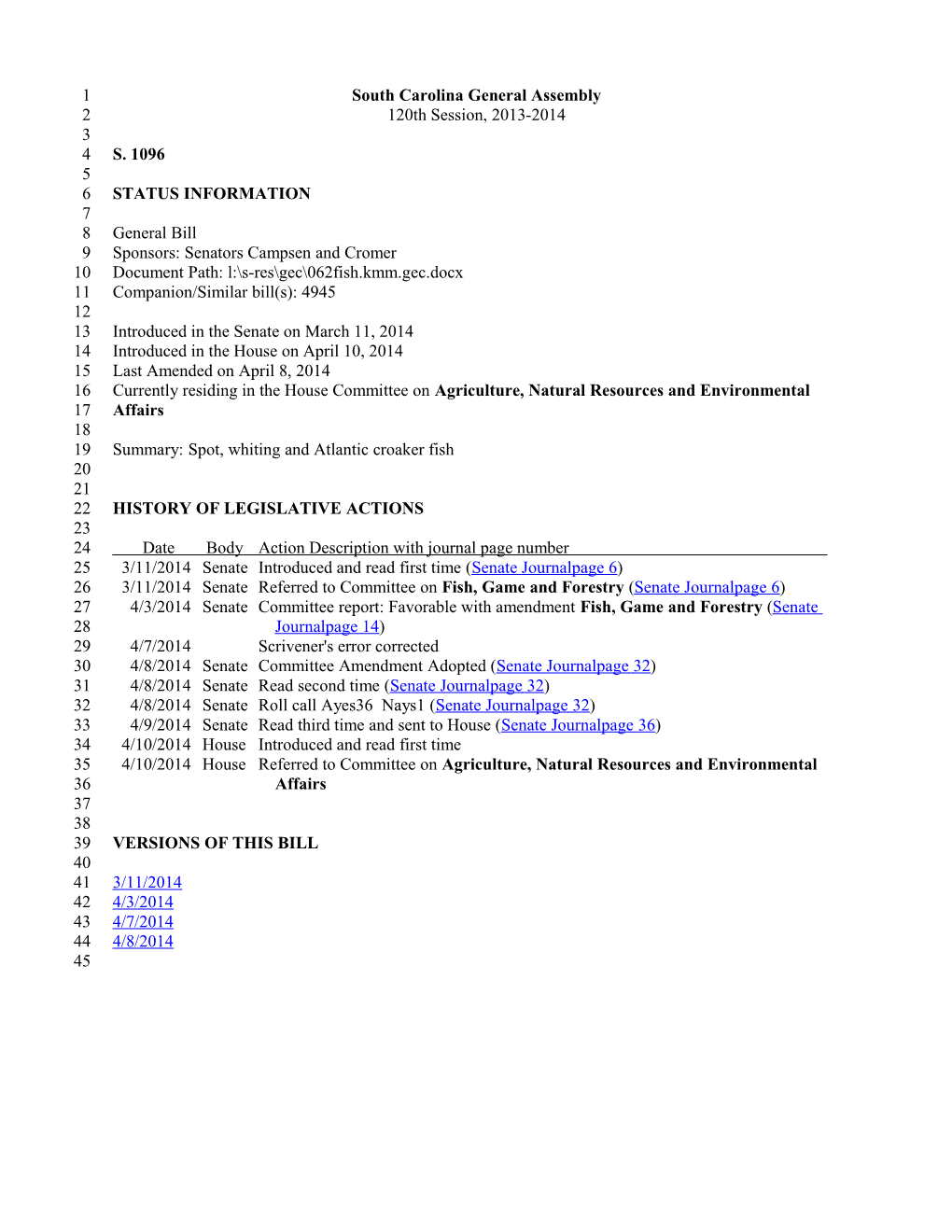 2013-2014 Bill 1096: Spot, Whiting and Atlantic Croaker Fish - South Carolina Legislature Online