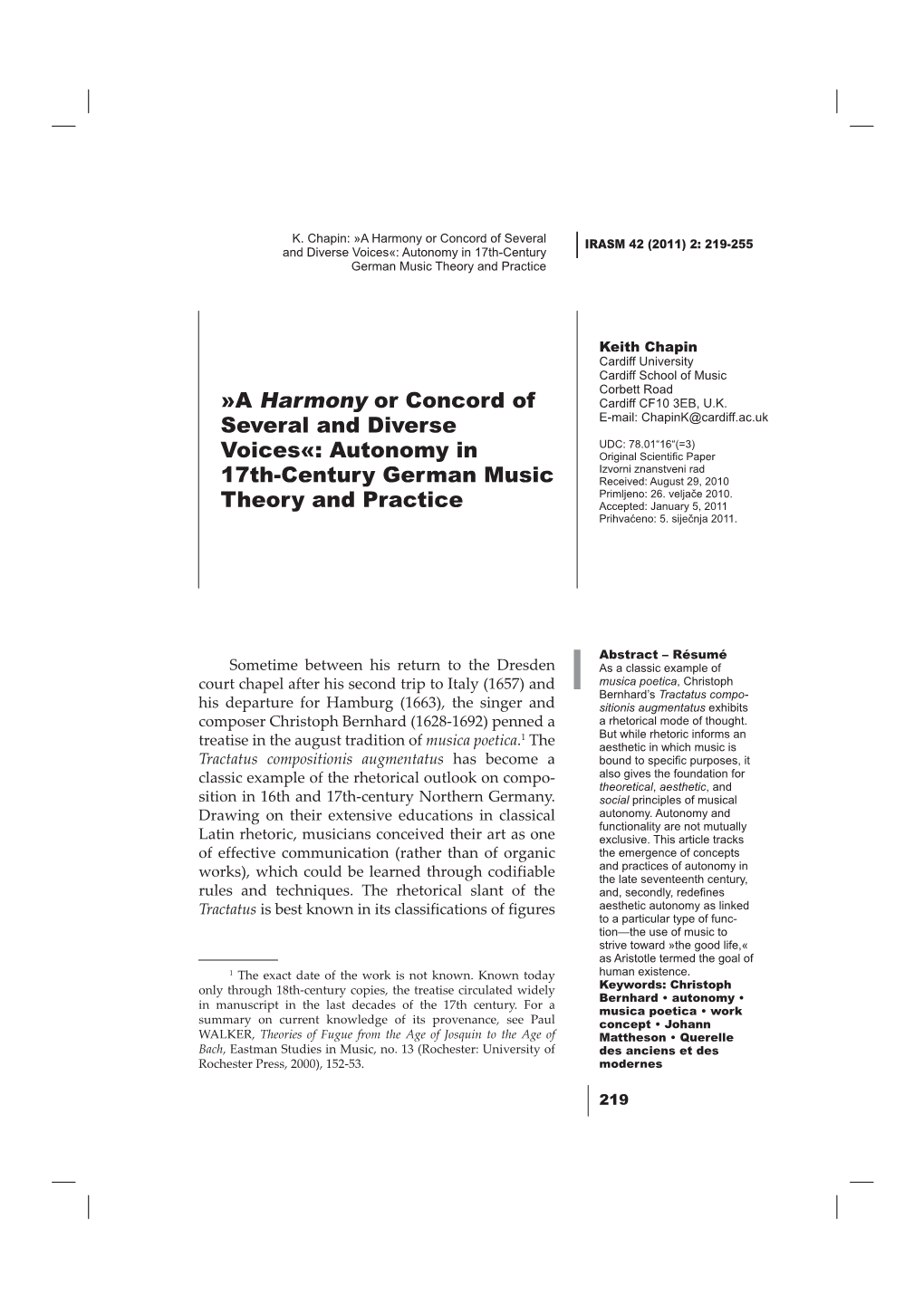 A Harmony Or Concord of Several and Diverse Voices«: Autonomy in 17Th-Century German Music Theory and Practice