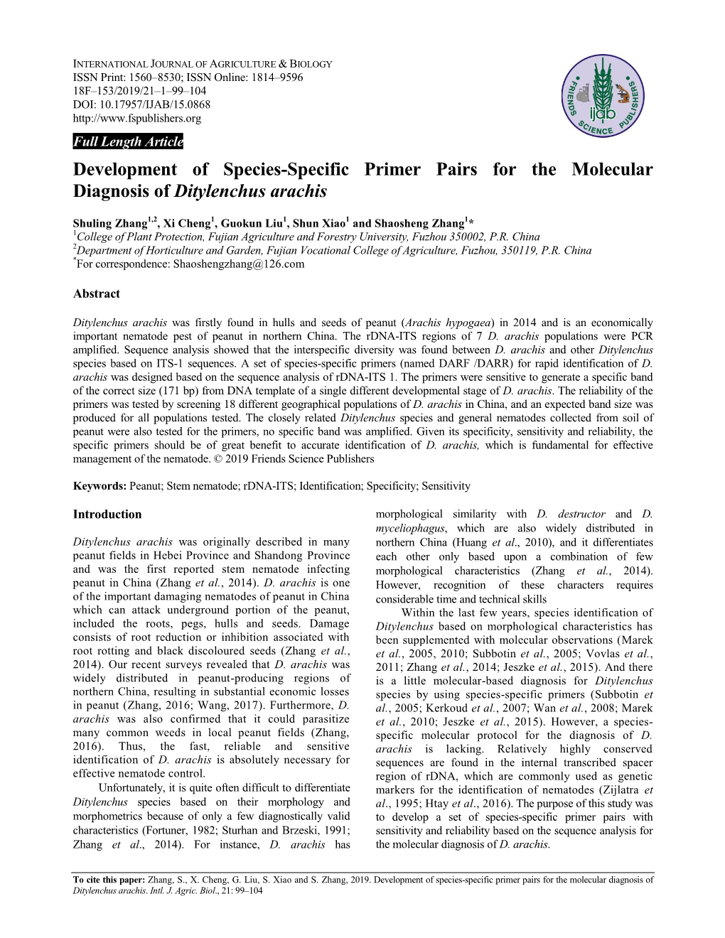 Development of Species-Specific Primer Pairs for the Molecular Diagnosis of Ditylenchus Arachis