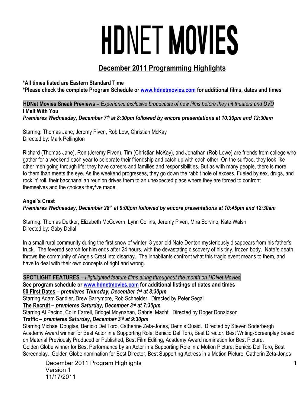 Hdnet Movies December 2011 Programming Highligts