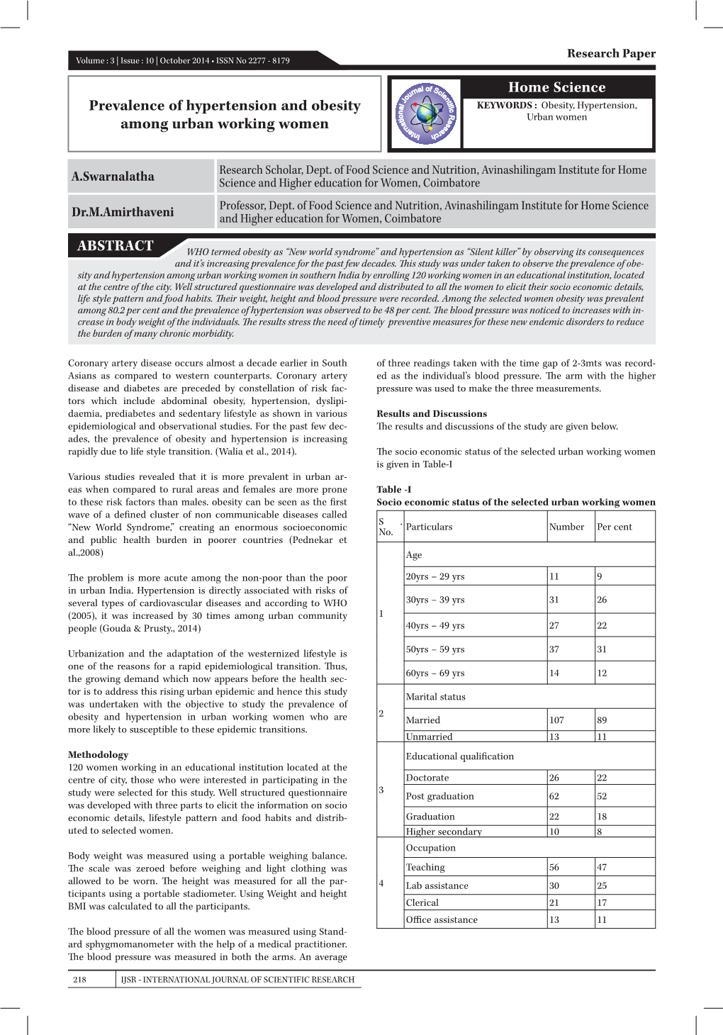 Home Science Prevalence of Hypertension and Obesity Among Urban Working Women ABSTRACT