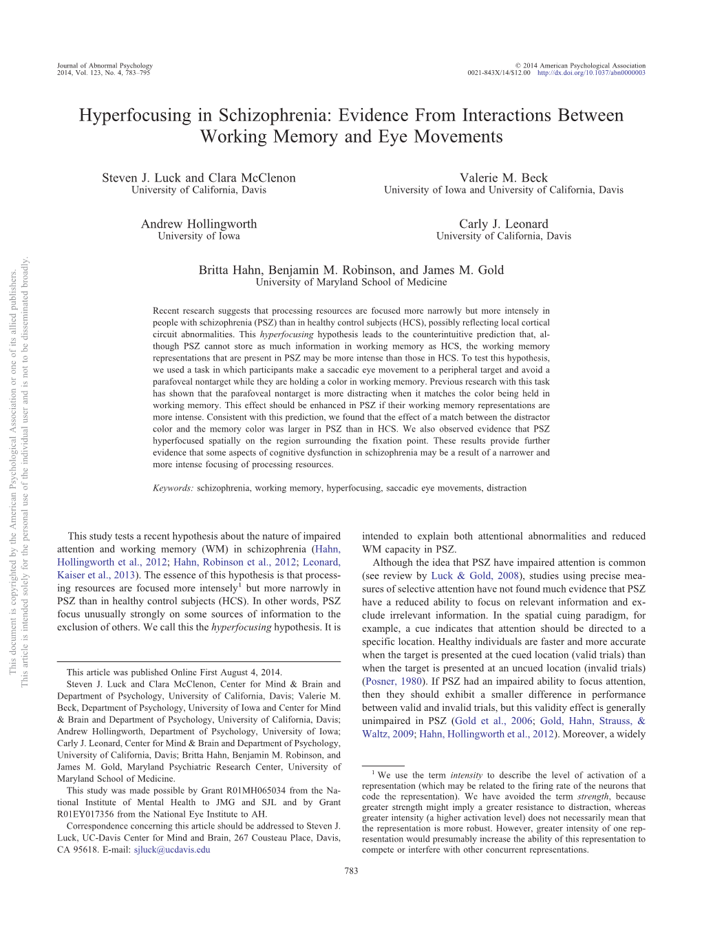 Hyperfocusing in Schizophrenia: Evidence from Interactions Between Working Memory and Eye Movements