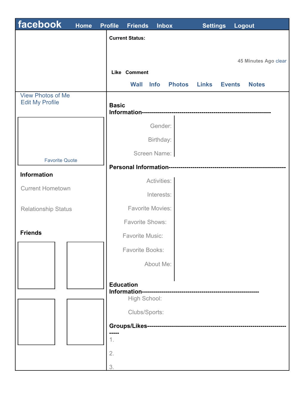 Facebook Home Profile Friends Inbox Settings Logout