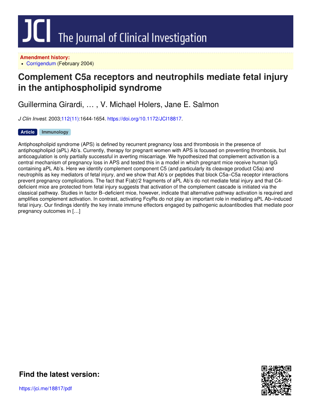 Complement C5a Receptors and Neutrophils Mediate Fetal Injury in the Antiphospholipid Syndrome