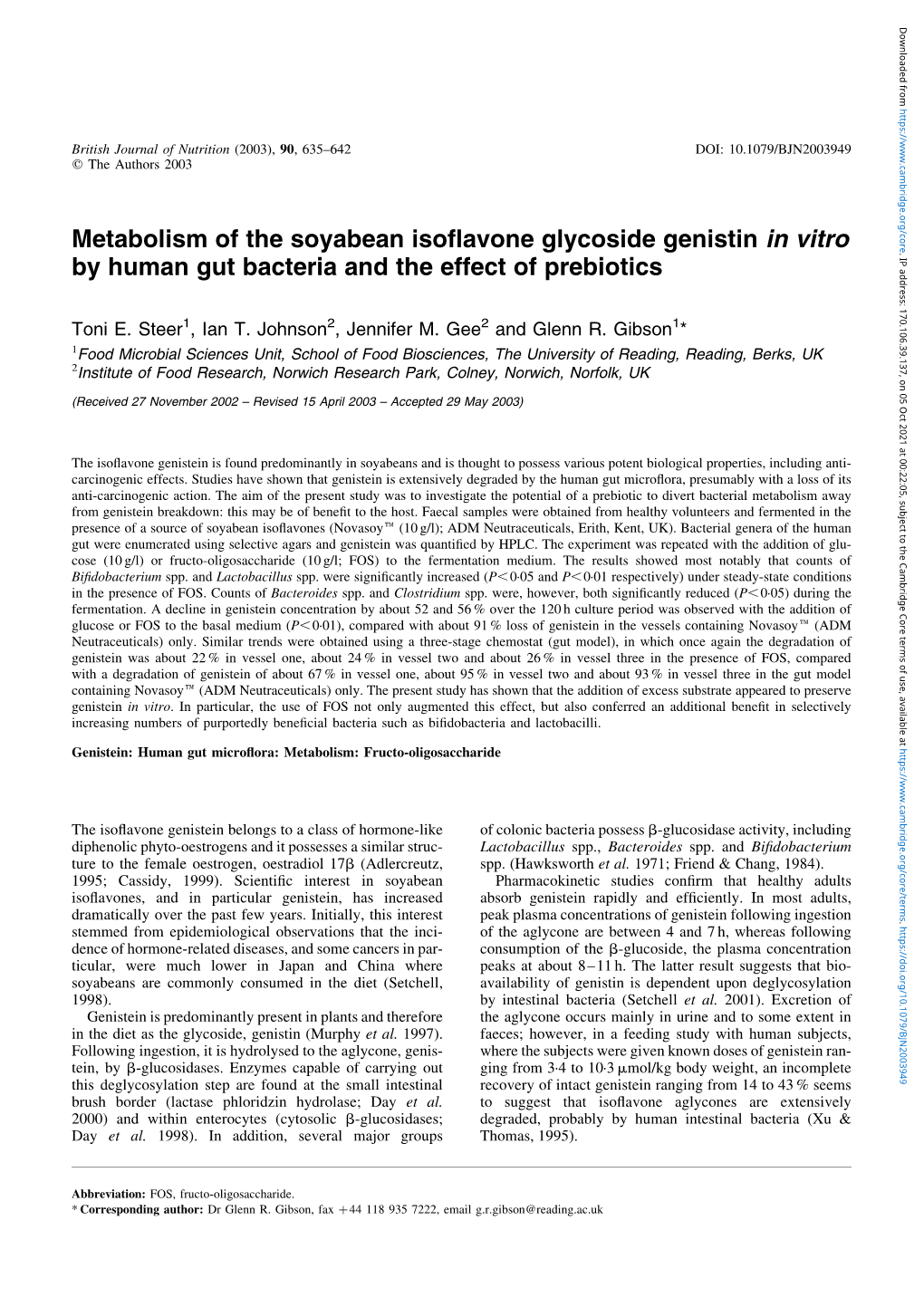 Metabolism of the Soyabean Isoflavone Glycoside Genistin In