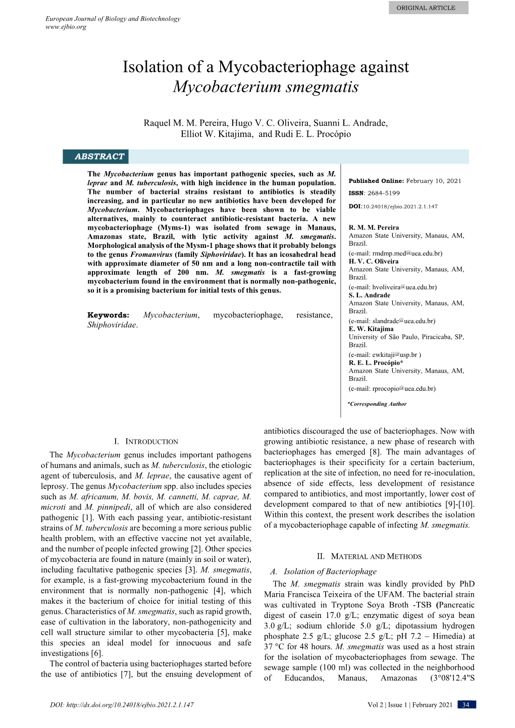 Isolation of a Mycobacteriophage Against Mycobacterium Smegmatis