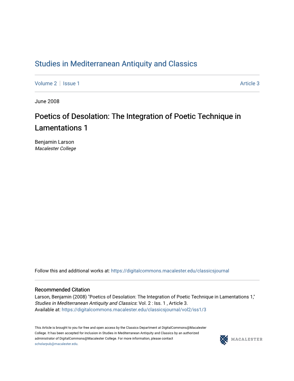 The Integration of Poetic Technique in Lamentations 1