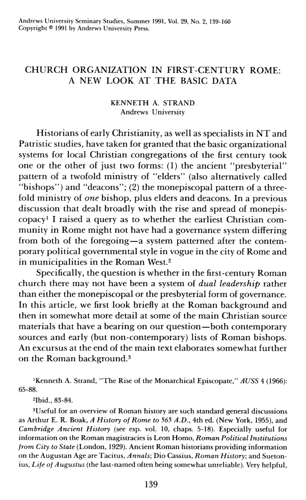 Church Organization in First-Century Rome: a New Look at ,The Basic Data