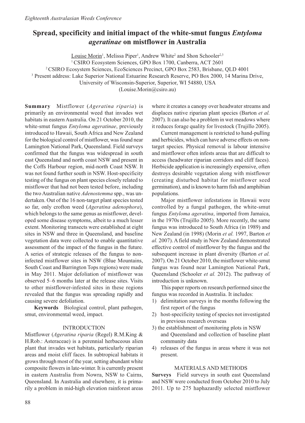 Spread, Specificity and Initial Impact of the White-Smut Fungus Entyloma Ageratinae on Mistflower in Australia