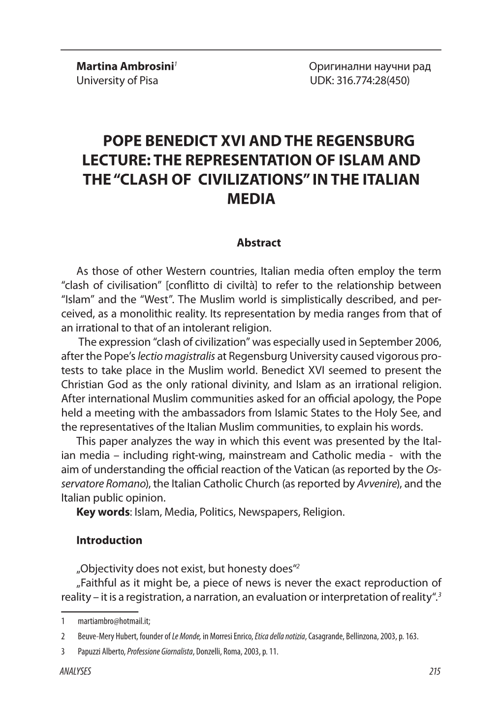 Pope Benedict Xvi and the Regensburg Lecture: the Representation of Islam and the “Clash of Civilizations” in the Italian Media