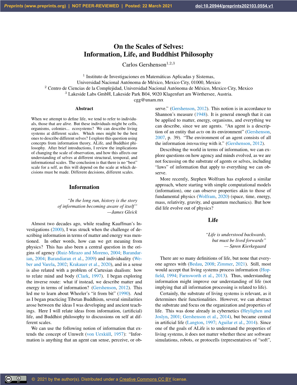 On the Scales of Selves: Information, Life, and Buddhist Philosophy Carlos Gershenson1,2,3