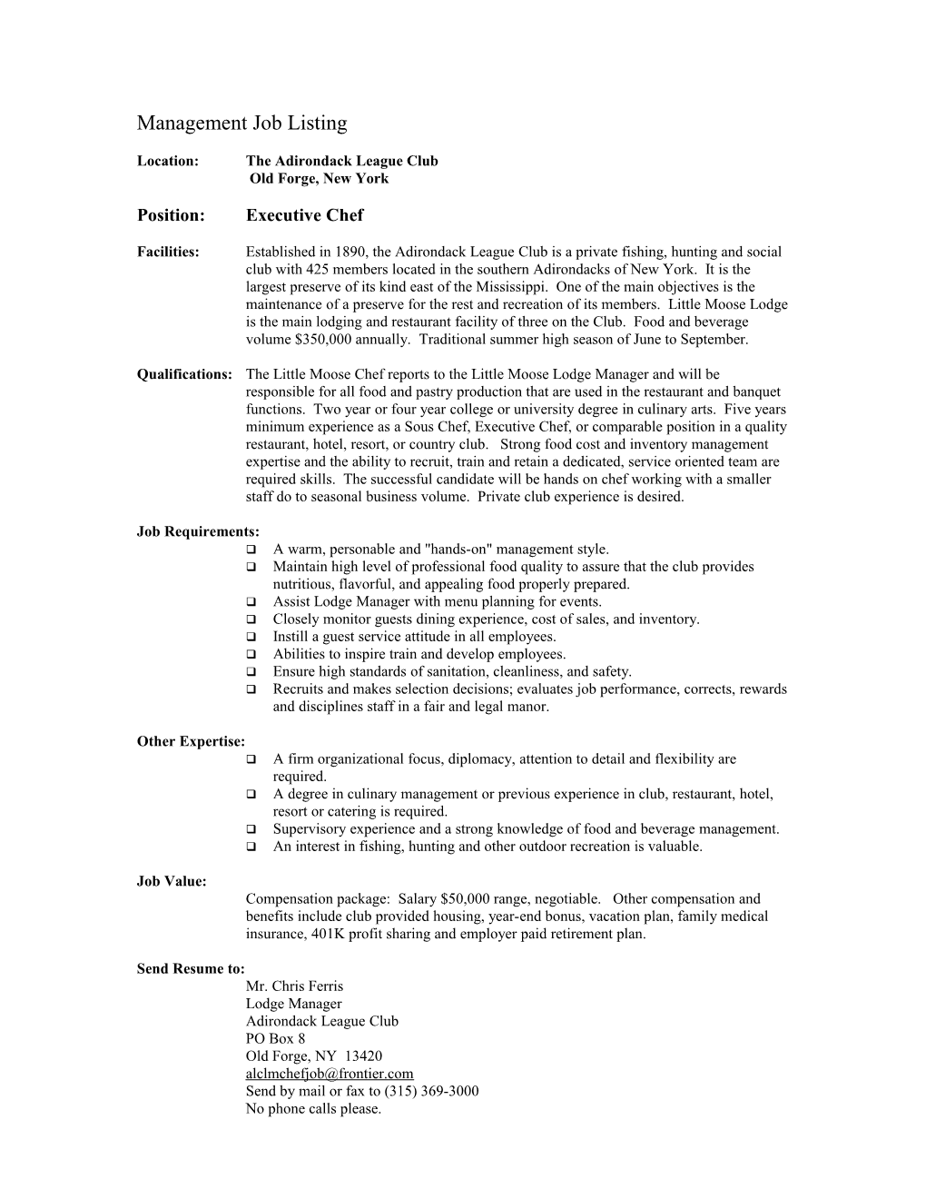 Management Job Listing