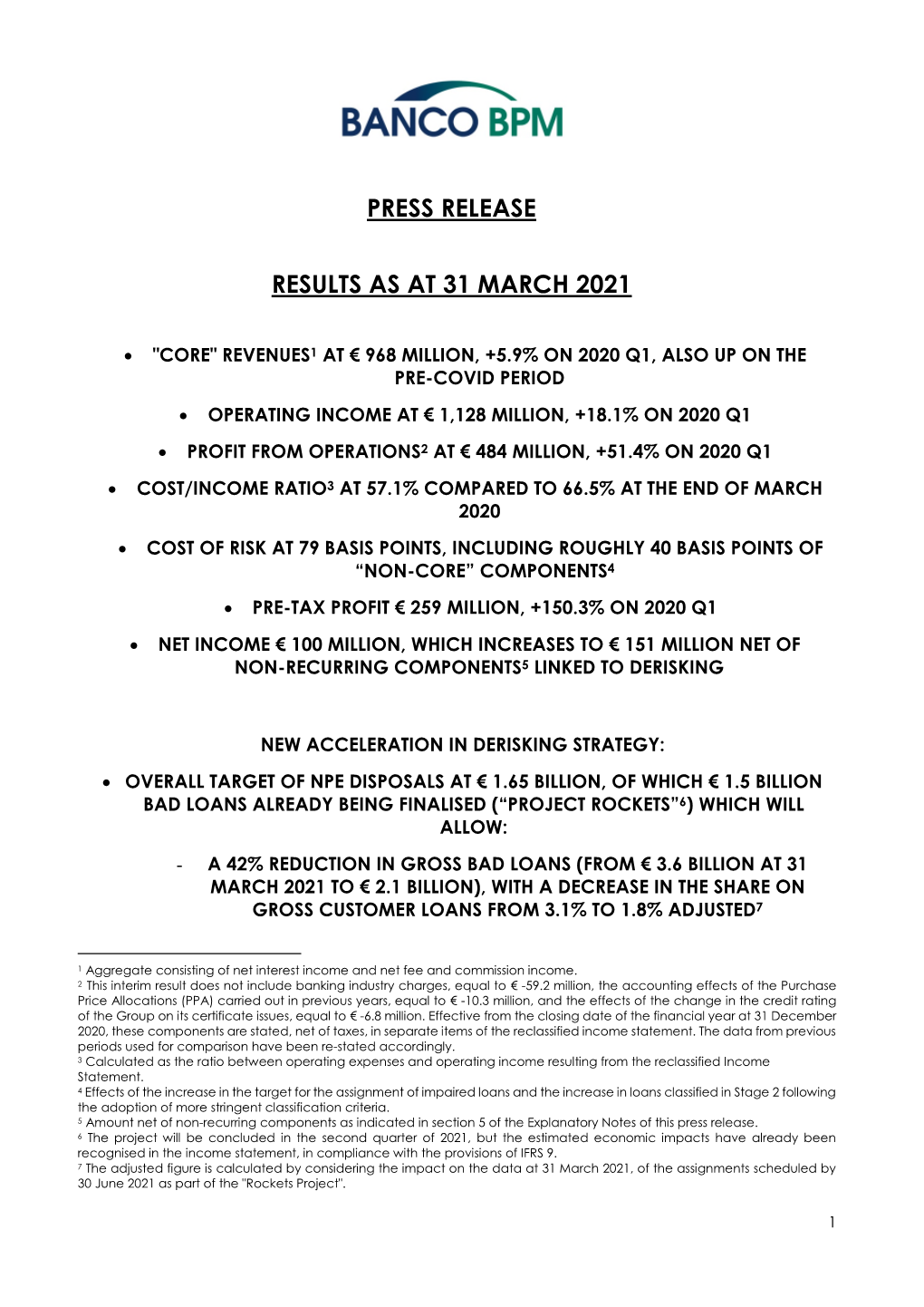 Press Release Results As at 31 March 2021