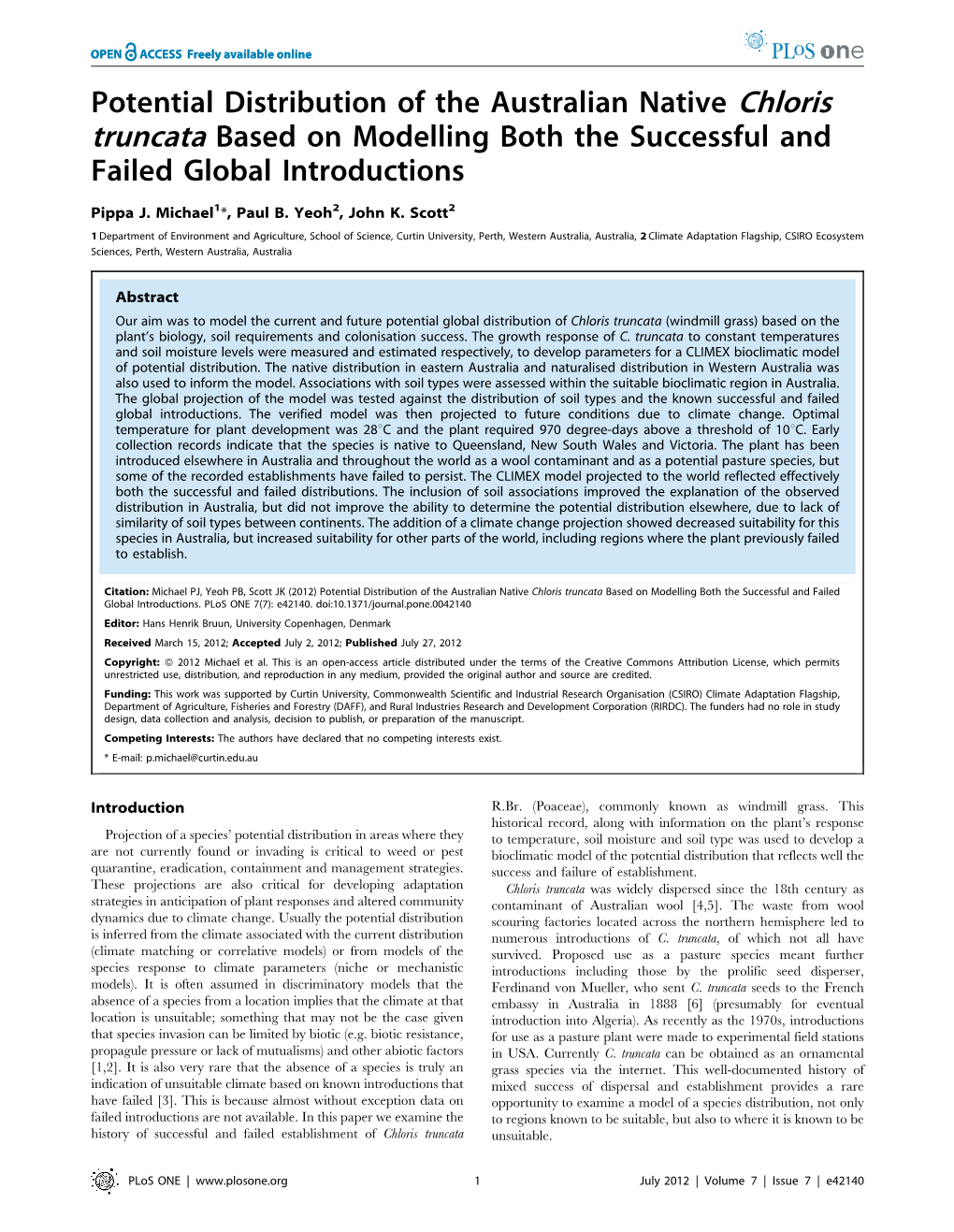 Potential Distribution of the Australian Native Chloris Truncata Based on Modelling Both the Successful and Failed Global Introductions