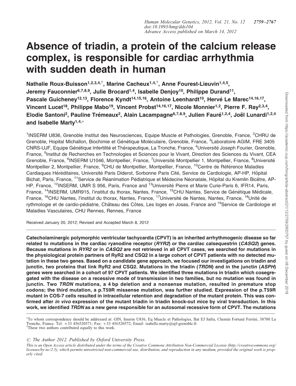 Absence of Triadin, a Protein of the Calcium Release Complex, Is Responsible for Cardiac Arrhythmia with Sudden Death in Human