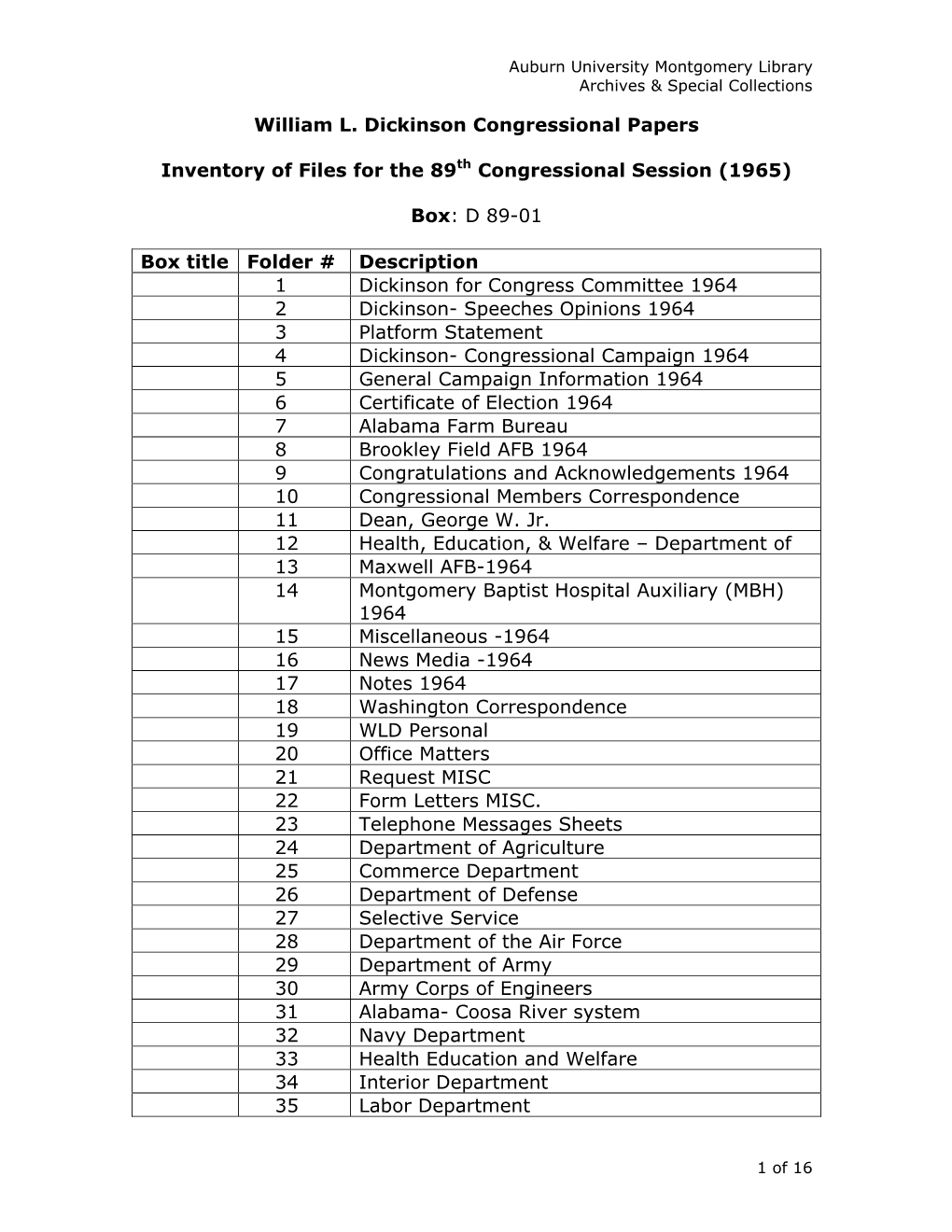 89Th Congressional Session Inventory (1965-66)