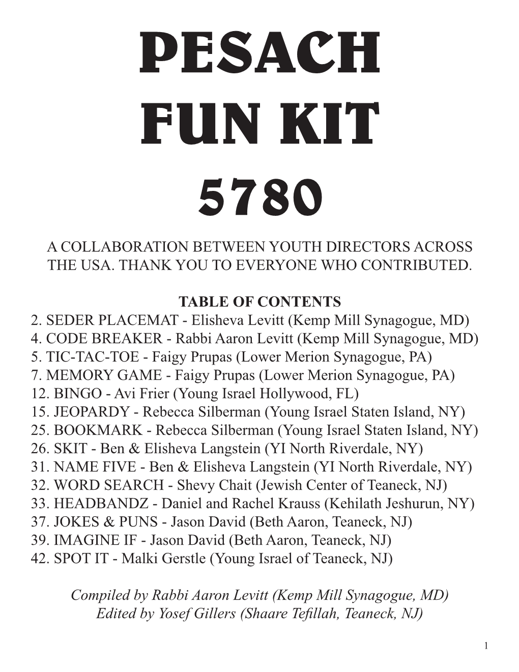 Pesach Fun Kit 5780 a Collaboration Between Youth Directors Across the Usa