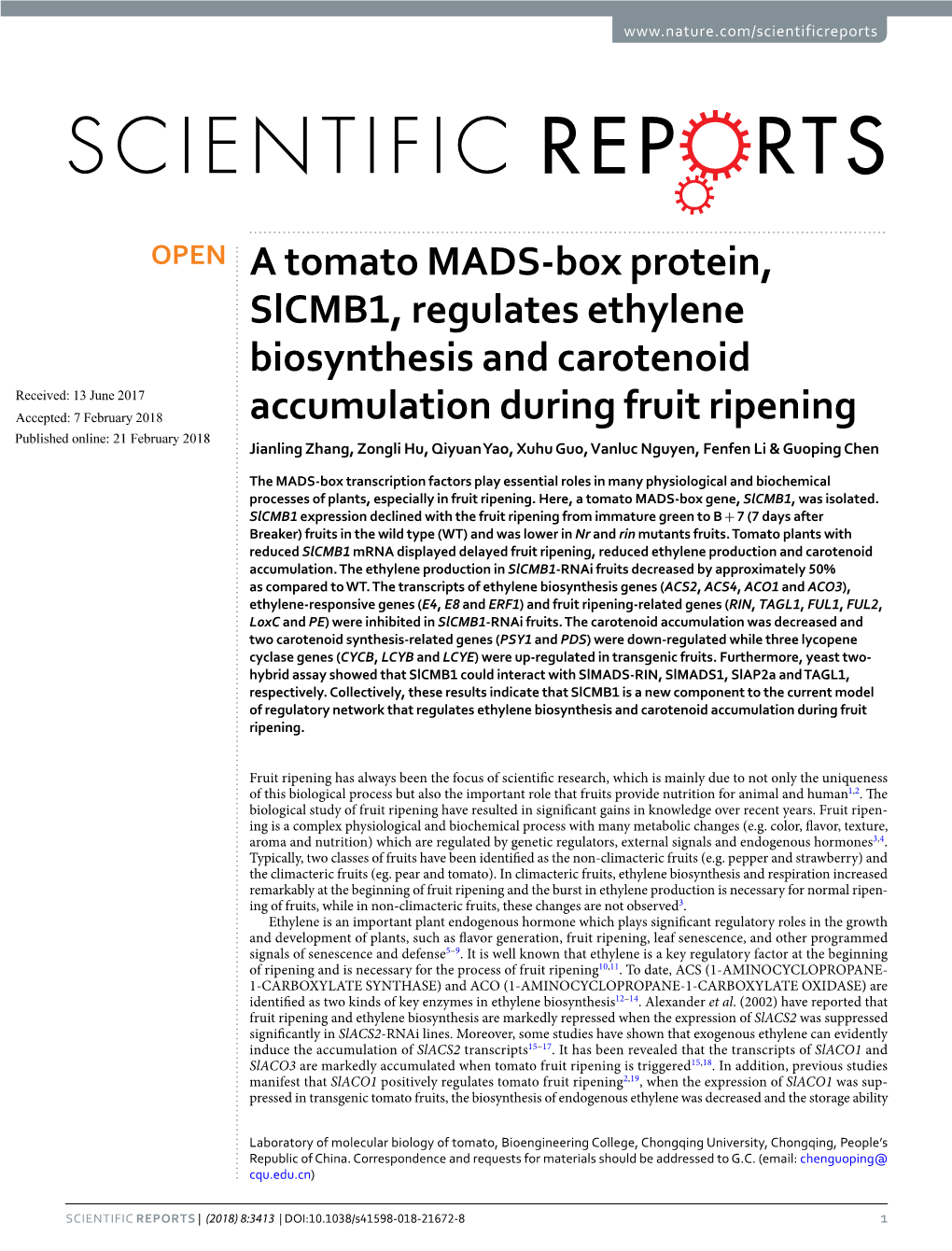 A Tomato MADS-Box Protein, Slcmb1, Regulates Ethylene Biosynthesis