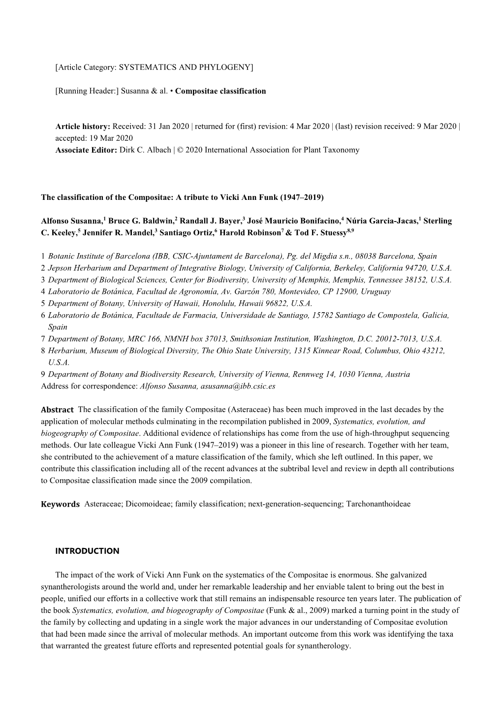 [Running Header:] Susanna & Al. • Compositae Classification Article History