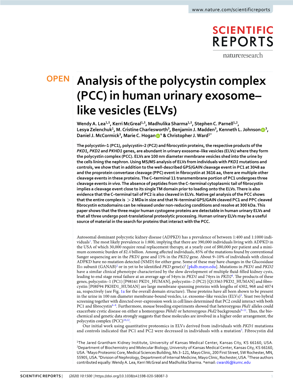 Analysis of the Polycystin Complex (PCC) in Human Urinary Exosome– Like Vesicles (Elvs) Wendy A