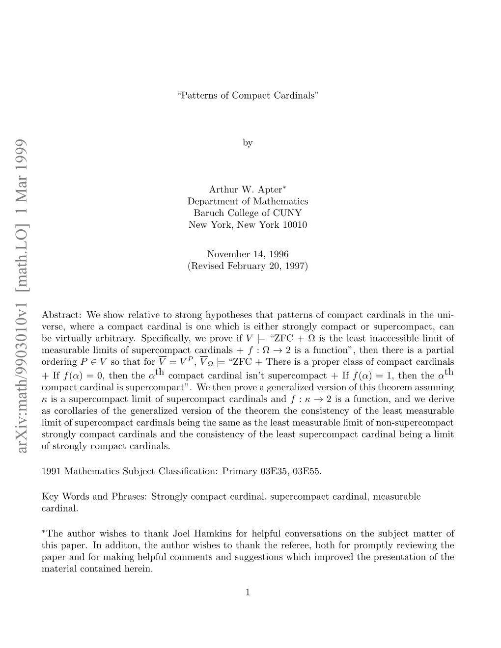 Arxiv:Math/9903010V1 [Math.LO] 1 Mar 1999 Ae N O Aighlflcmet N Ugsin Which Refere Suggestions the and Herein