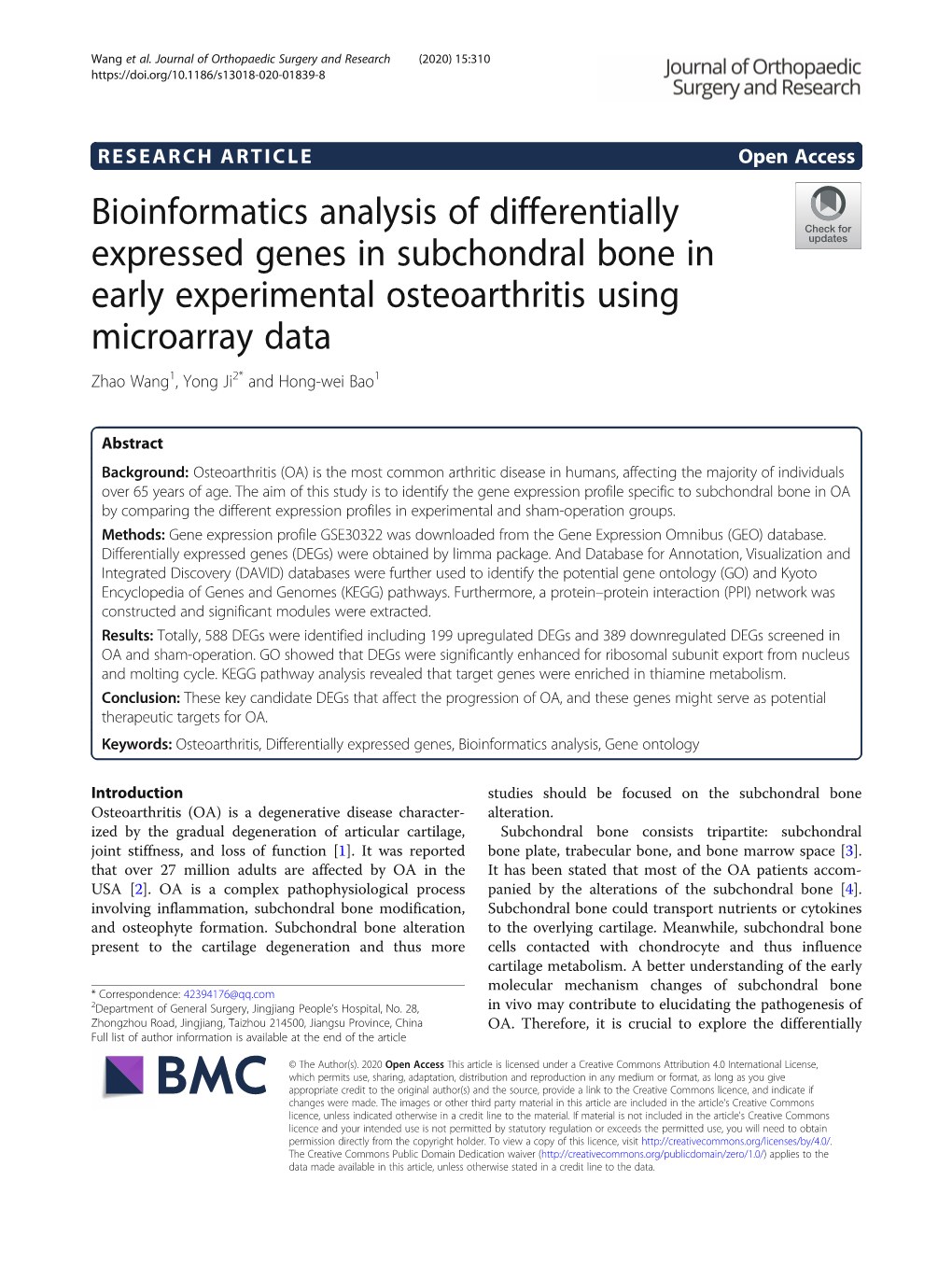 Bioinformatics Analysis of Differentially Expressed Genes in Subchondral