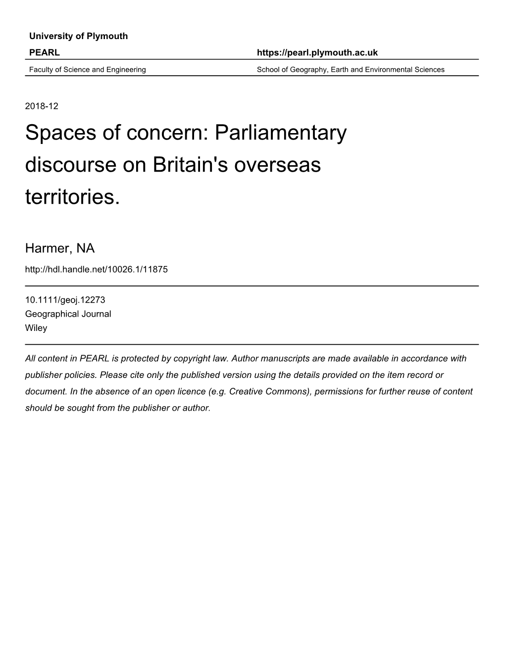 Spaces of Concern: Parliamentary Discourse on Britain's Overseas Territories