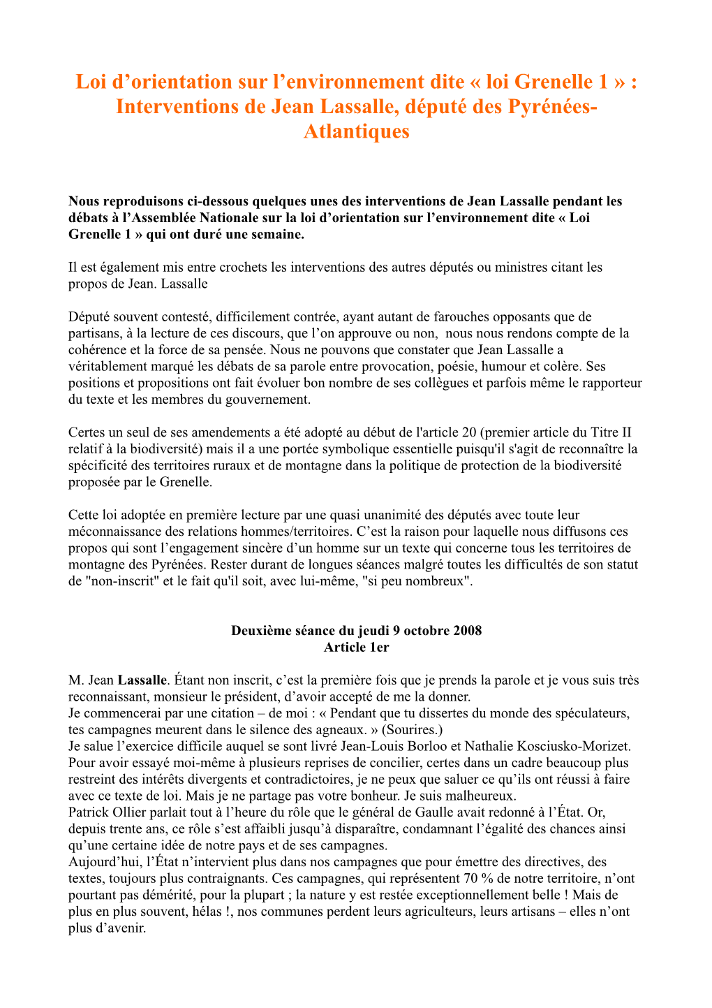 Interventions De Jean Lassalle, Député Des Pyrénées- Atlantiques