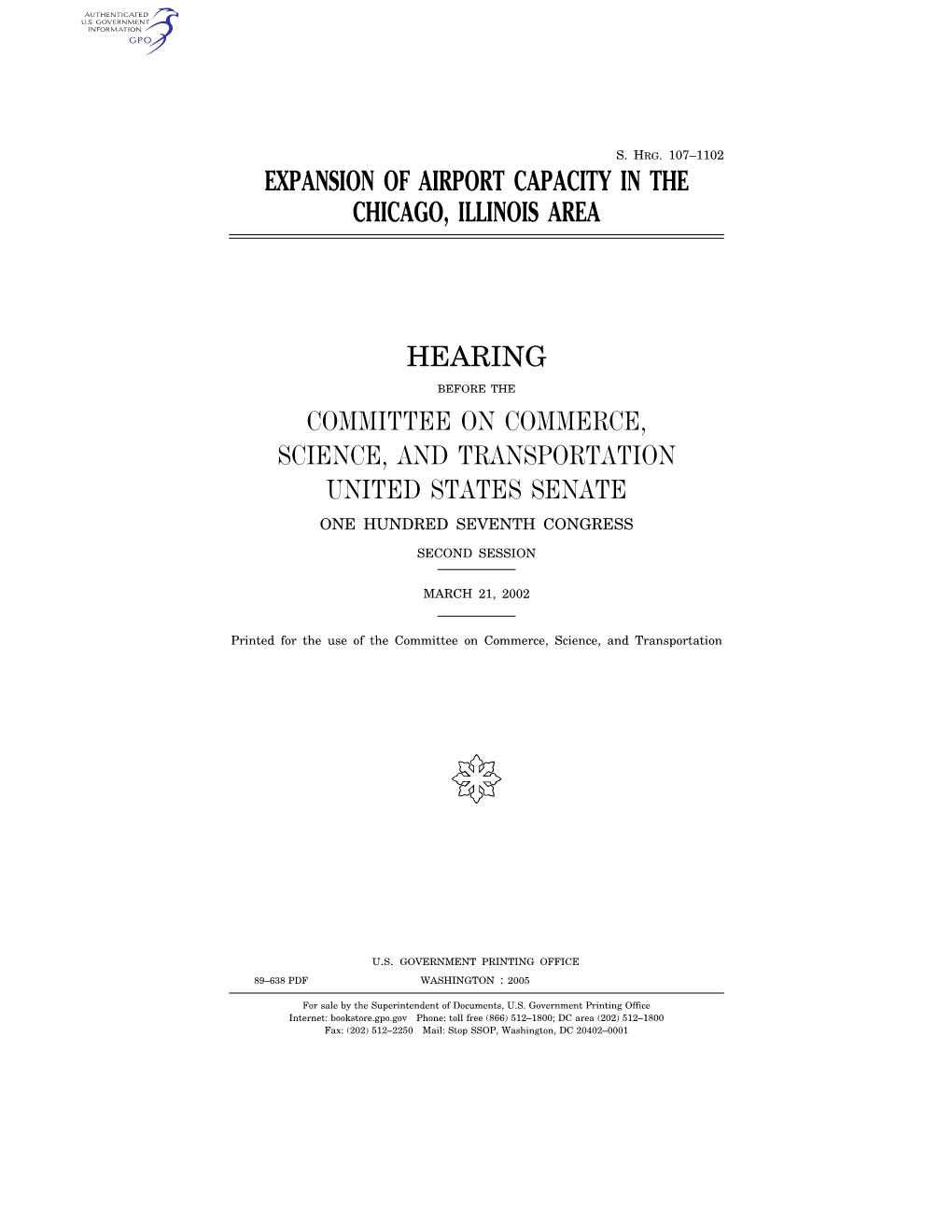 Expansion of Airport Capacity in the Chicago, Illinois Area Hearing Committee on Commerce, Science, and Transportation United St