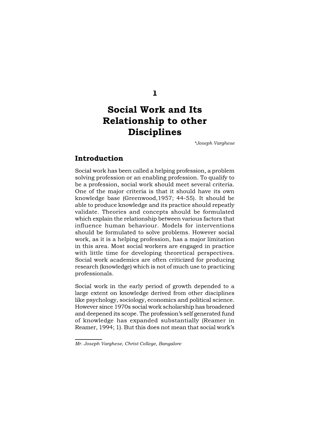 Social Work and Its Relationship to Other Disciplines *Joseph Varghese