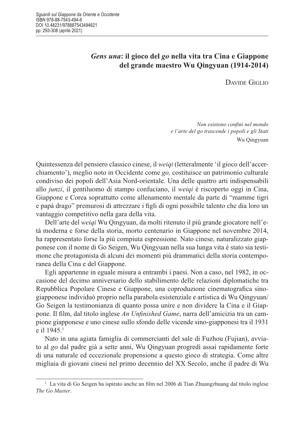 Gens Una: Il Gioco Del Go Nella Vita Tra Cina E Giappone Del Grande Maestro Wu Qingyuan (1914-2014)