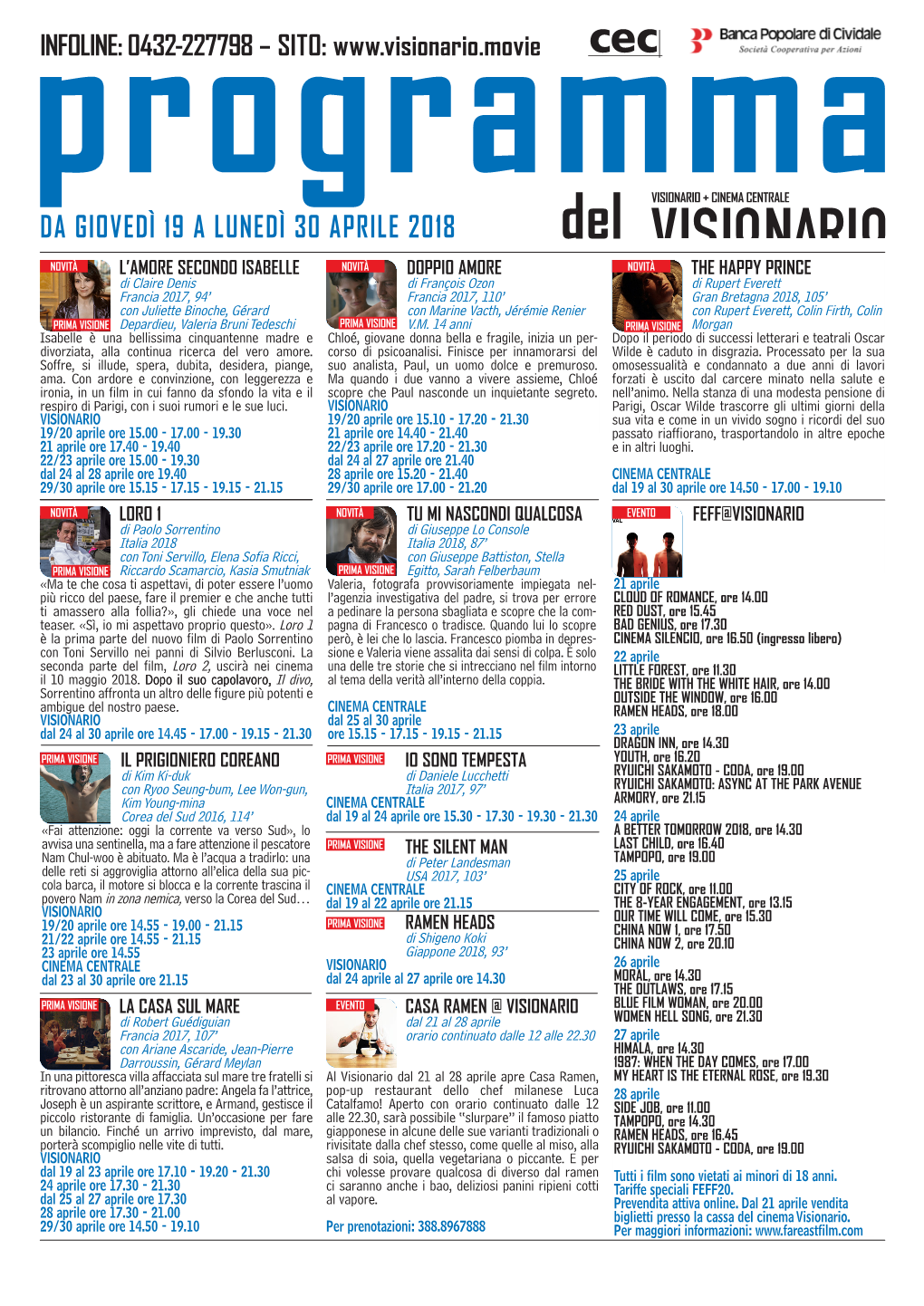 Da Giovedì 19 a Lunedì 30 Aprile 2018