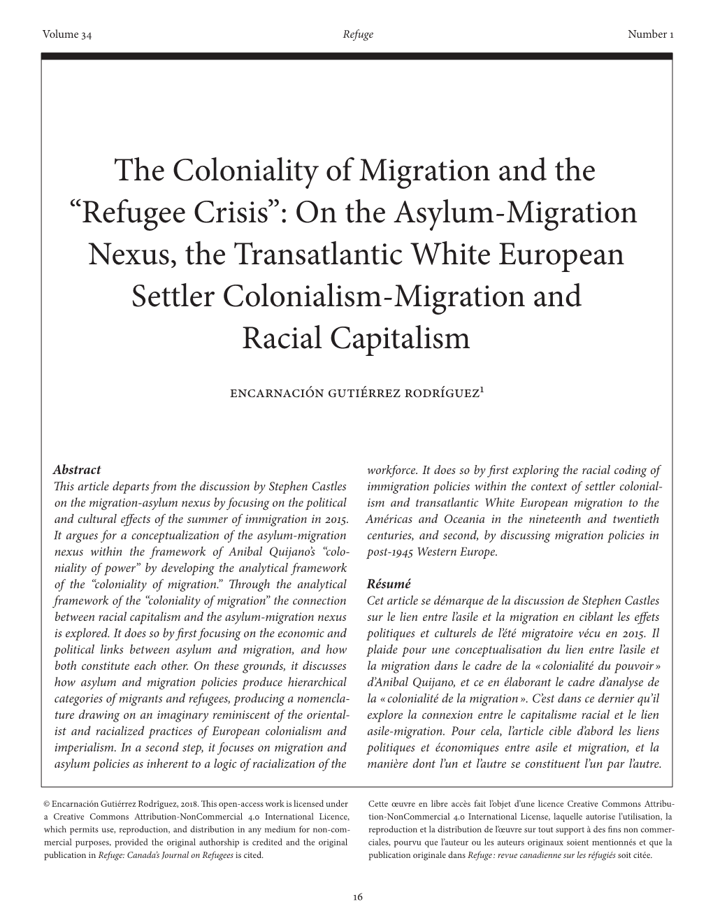 The Coloniality of Migration and the “Refugee Crisis”: on the Asylum-Migration Nexus, the Transatlantic White European Sett